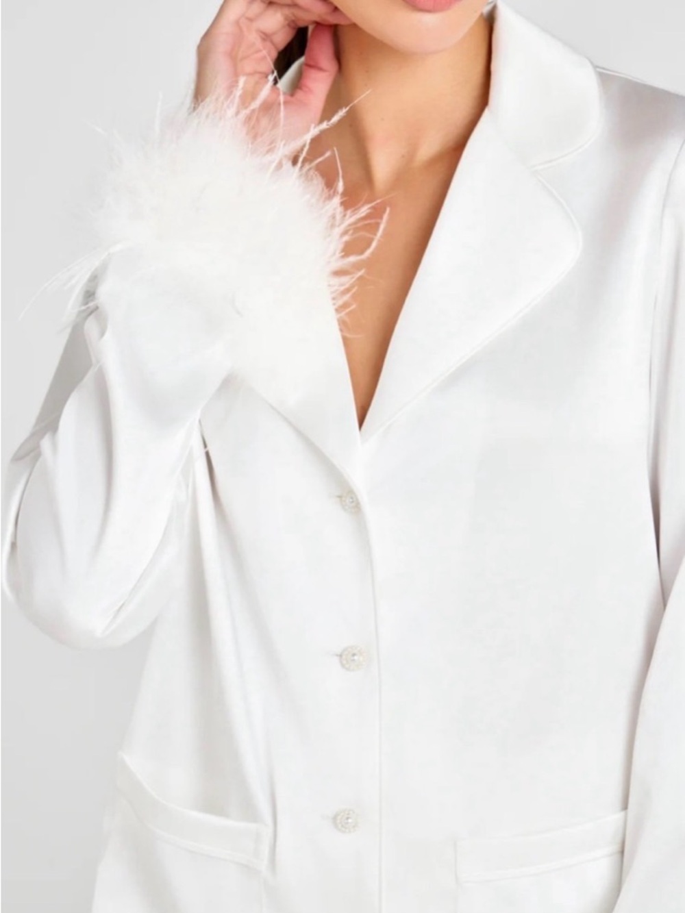NADINE MERABI White Feather-Trim Satin Lounge Set White - Picture 5 of 8